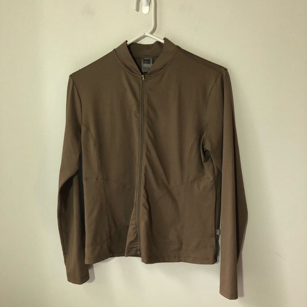 REI womens lightweight full zip jacket layer top M brown pockets running hiking